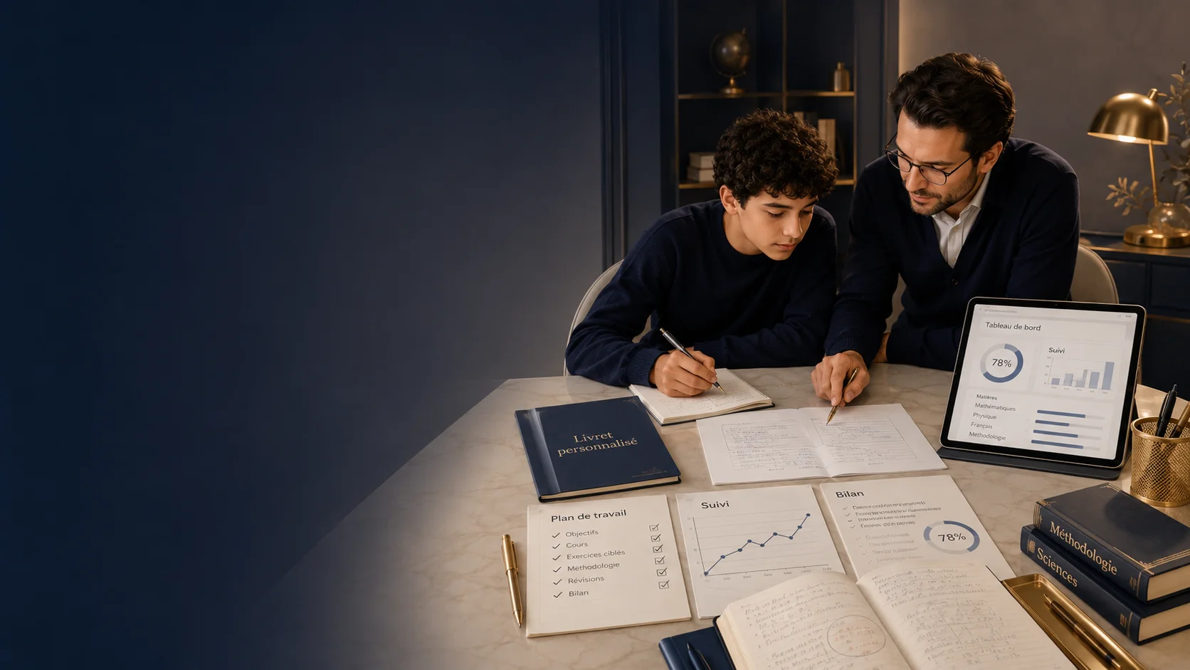 Suivi individualisé avec livret de travail et tableau de progression.