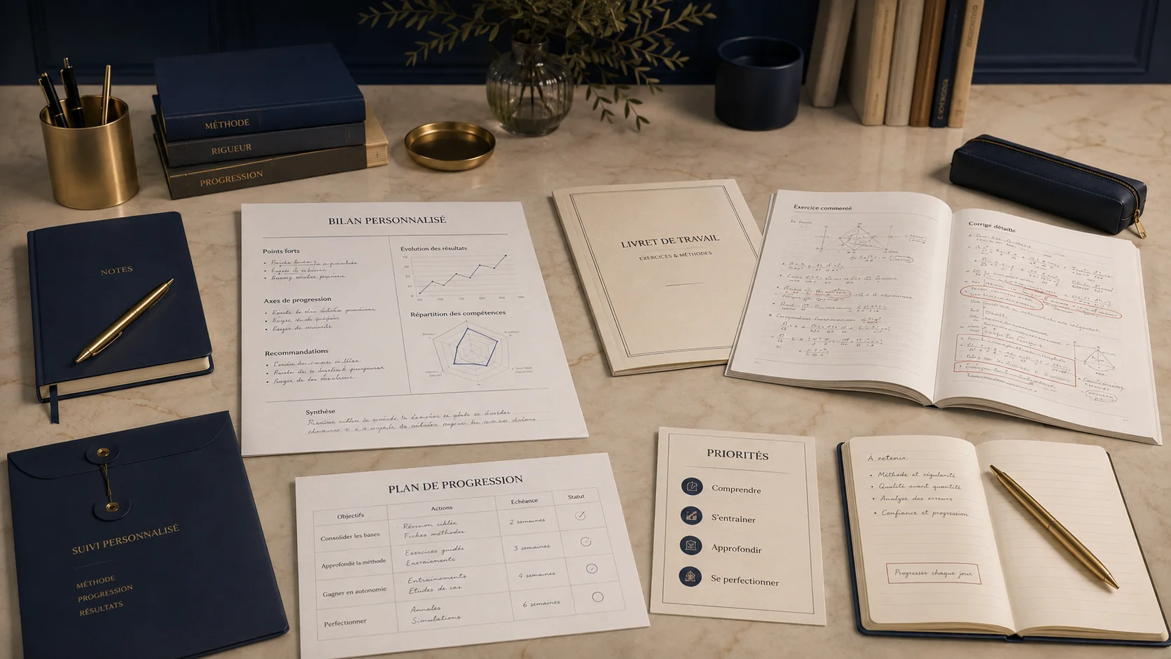 Bilan personnalisé, livret de travail et suivi de progression élève-parent.