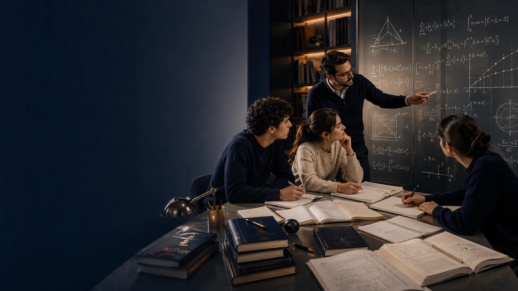 Groupe d'élèves travaillant des mathématiques exigeantes avec un enseignant.