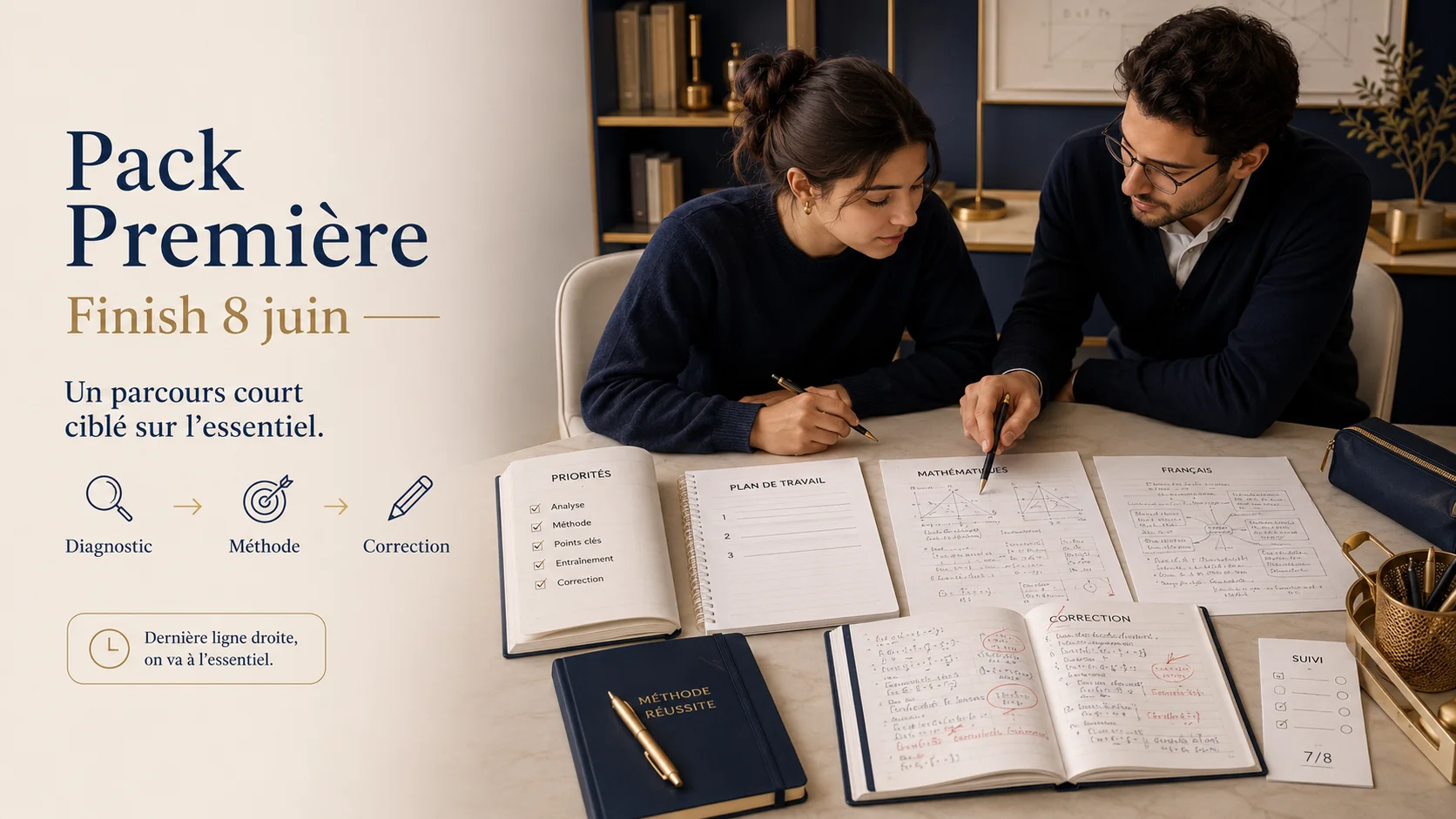 Accompagnement ciblé avec livret de révision et correction personnalisée.